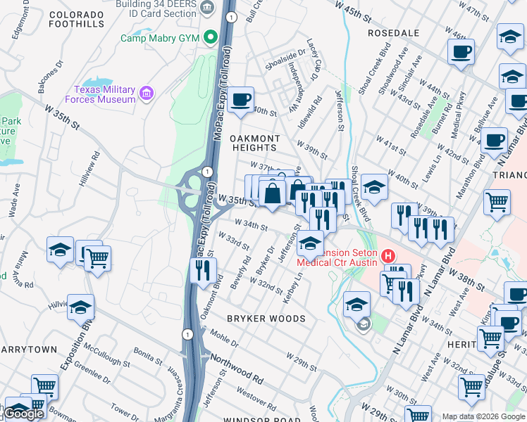 map of restaurants, bars, coffee shops, grocery stores, and more near 1811 West 35th Street in Austin