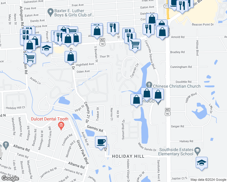 map of restaurants, bars, coffee shops, grocery stores, and more near 8674 Highfield Avenue in Jacksonville