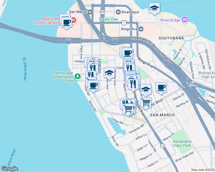 map of restaurants, bars, coffee shops, grocery stores, and more near 1620 Belmonte Ave in Jacksonville