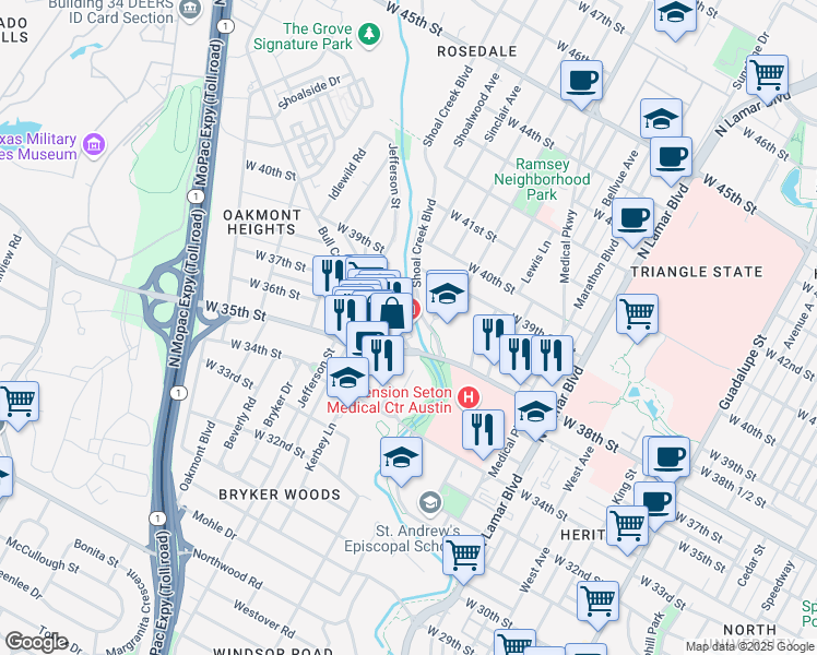 map of restaurants, bars, coffee shops, grocery stores, and more near 3705 1/2 Crawford Street in Austin