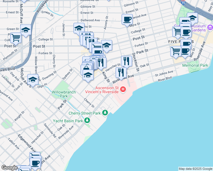 map of restaurants, bars, coffee shops, grocery stores, and more near 2730 Riverside Avenue in Jacksonville