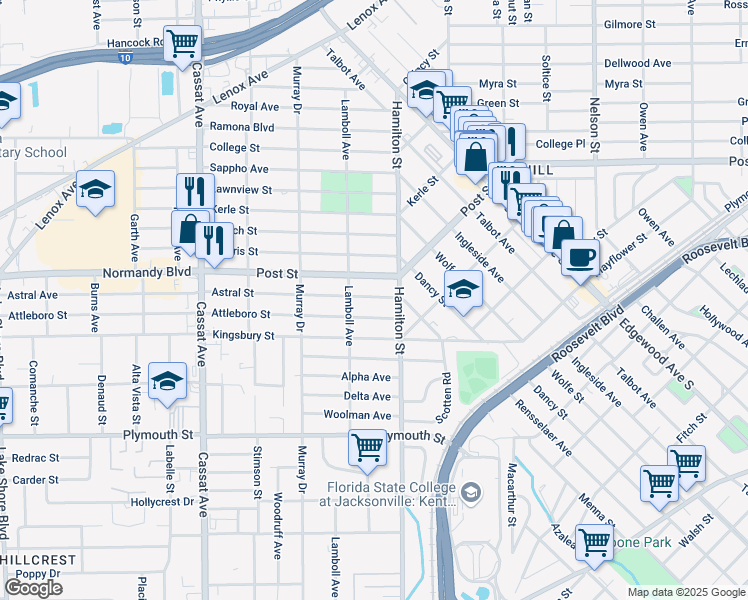 map of restaurants, bars, coffee shops, grocery stores, and more near 4532 Astral Street in Jacksonville