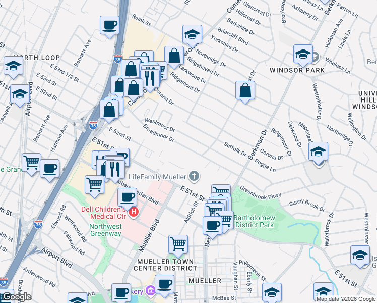 map of restaurants, bars, coffee shops, grocery stores, and more near 1423 Broadmoor Drive in Austin