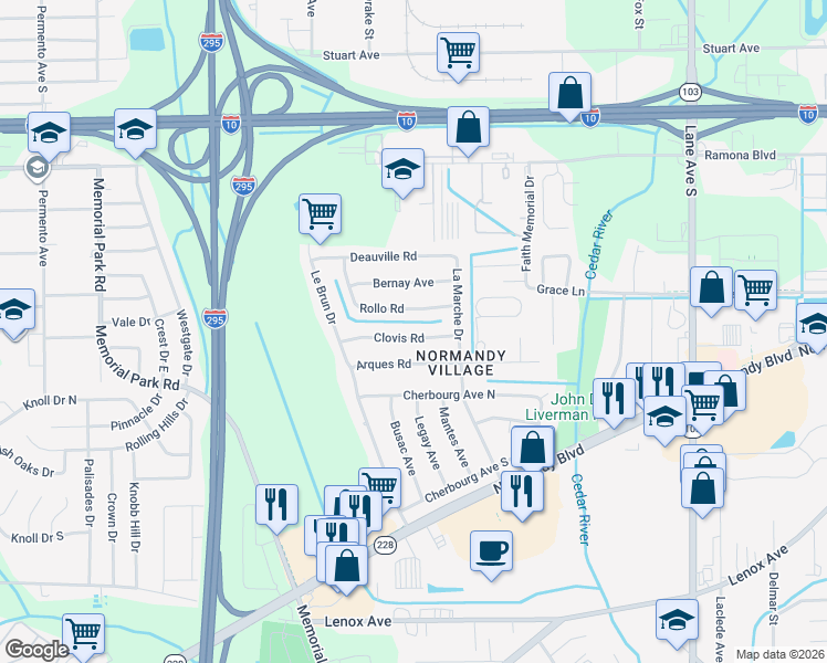 map of restaurants, bars, coffee shops, grocery stores, and more near 6953 Clovis Road in Jacksonville