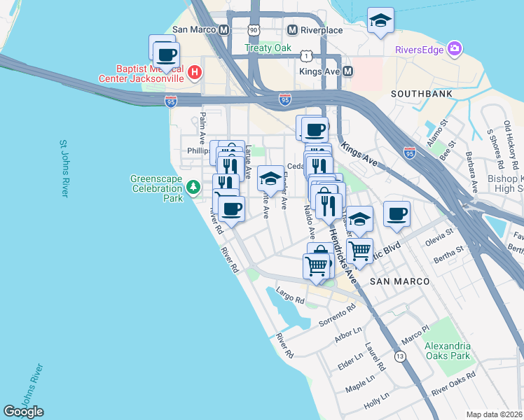 map of restaurants, bars, coffee shops, grocery stores, and more near 1652 Belmonte Avenue in Jacksonville
