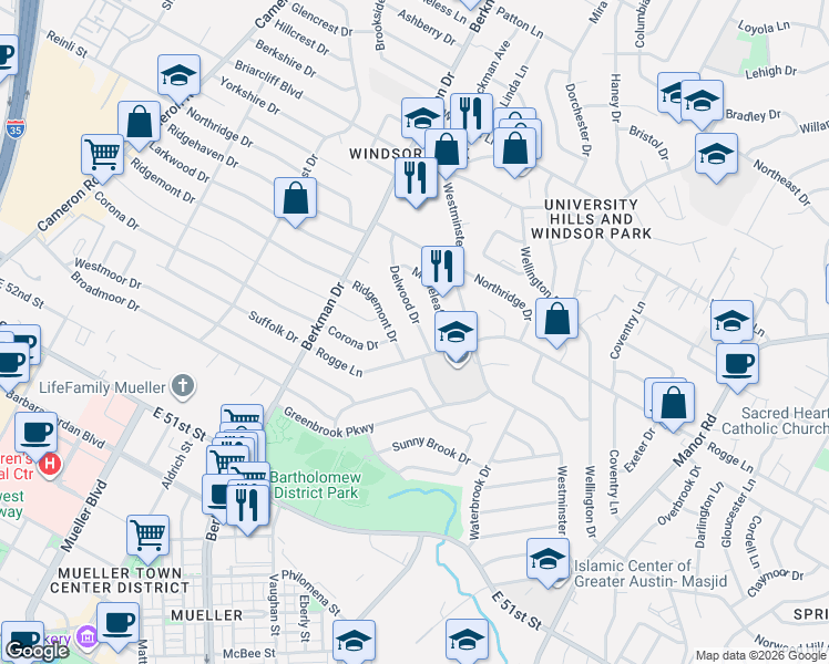 map of restaurants, bars, coffee shops, grocery stores, and more near 5506 Delwood Drive in Austin