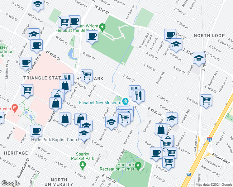 map of restaurants, bars, coffee shops, grocery stores, and more near E 45th St & Avenue F in Austin