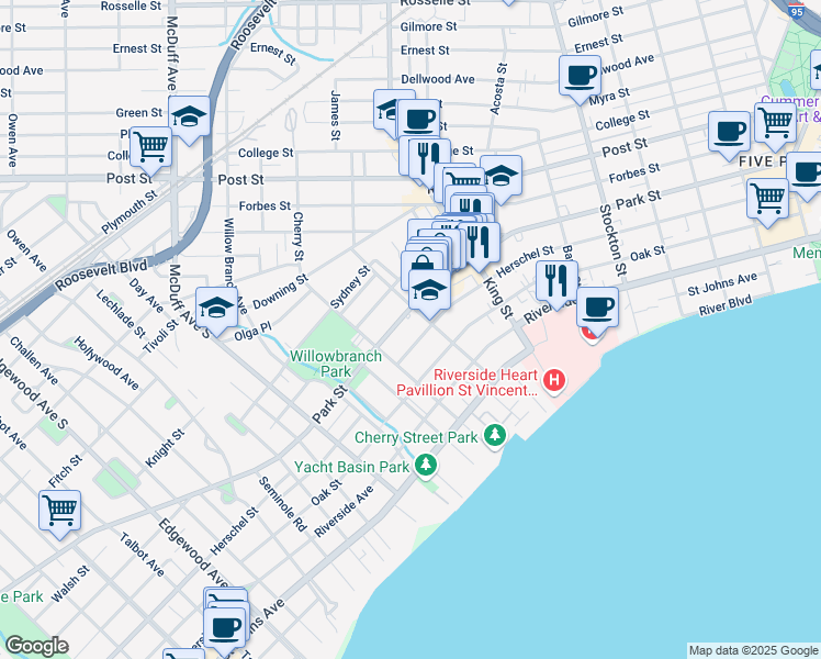 map of restaurants, bars, coffee shops, grocery stores, and more near 2801 Herschel Street in Jacksonville
