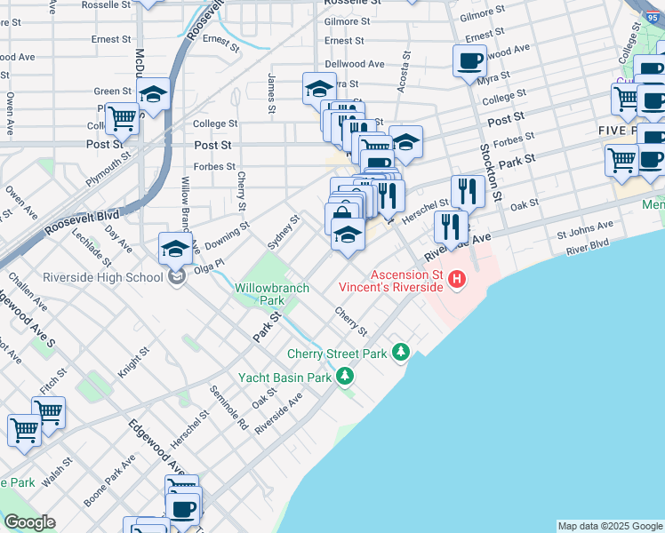 map of restaurants, bars, coffee shops, grocery stores, and more near 2801 Herschel Street in Jacksonville