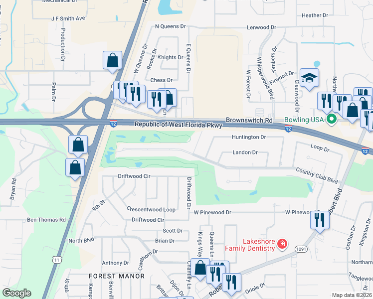 map of restaurants, bars, coffee shops, grocery stores, and more near 409 Country Club Boulevard in Slidell