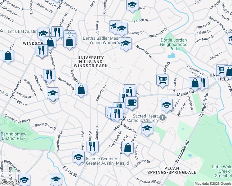 map of restaurants, bars, coffee shops, grocery stores, and more near 2606 Sweeney Lane in Austin