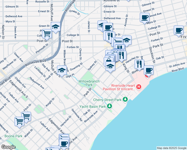 map of restaurants, bars, coffee shops, grocery stores, and more near 1398 Cherry Street in Jacksonville