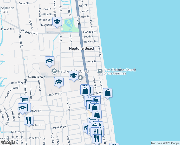map of restaurants, bars, coffee shops, grocery stores, and more near 202 20th Avenue North in Jacksonville Beach
