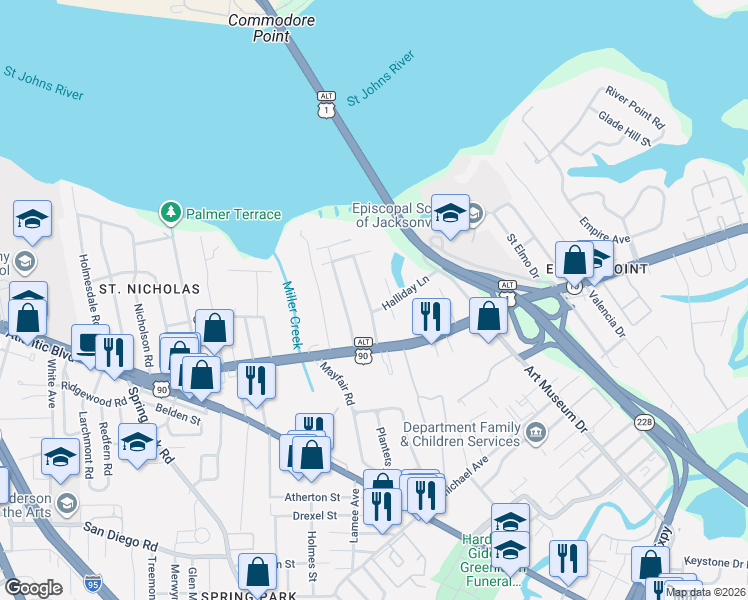 map of restaurants, bars, coffee shops, grocery stores, and more near 1515 Somerville Road in Jacksonville