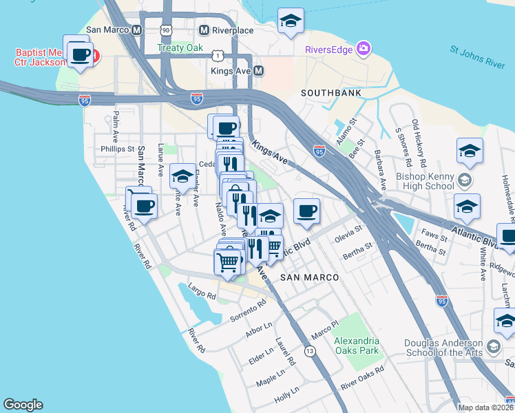 map of restaurants, bars, coffee shops, grocery stores, and more near 1516 Landon Avenue in Jacksonville