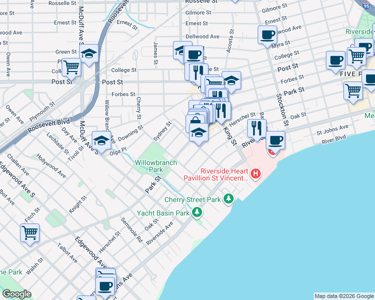 map of restaurants, bars, coffee shops, grocery stores, and more near 2820 Herschel Street in Jacksonville