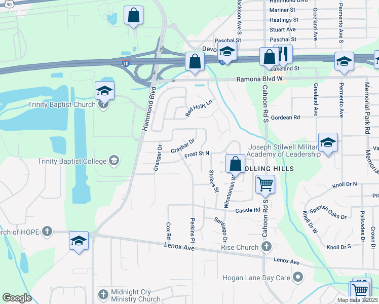 map of restaurants, bars, coffee shops, grocery stores, and more near 8502 Frost Street North in Jacksonville