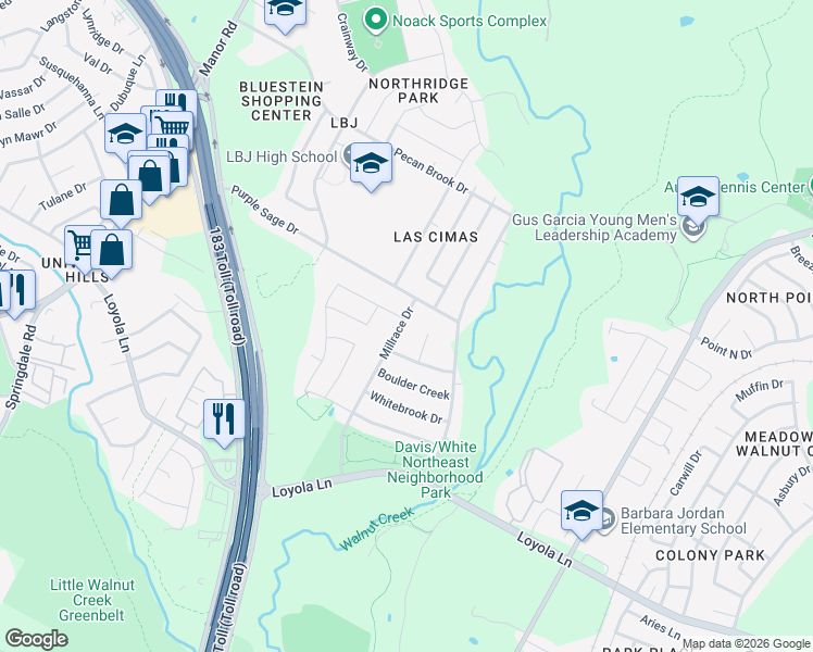 map of restaurants, bars, coffee shops, grocery stores, and more near 5706 Brook Valley Drive in Austin