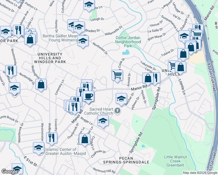map of restaurants, bars, coffee shops, grocery stores, and more near 6107 Manor Road in Austin