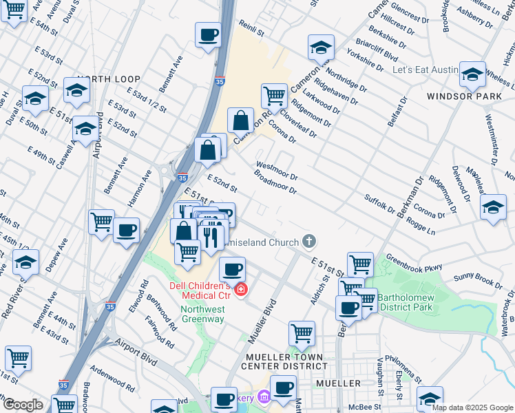 map of restaurants, bars, coffee shops, grocery stores, and more near 1308 East 51st Street in Austin