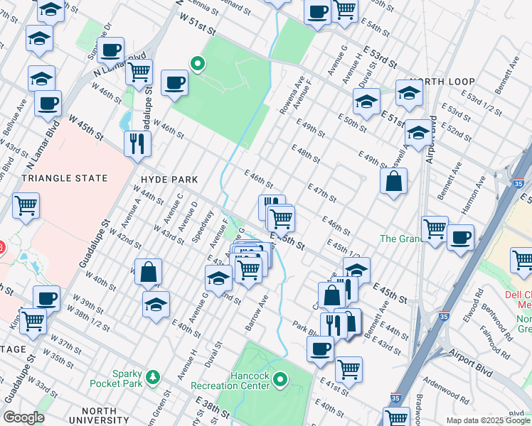 map of restaurants, bars, coffee shops, grocery stores, and more near in Austin