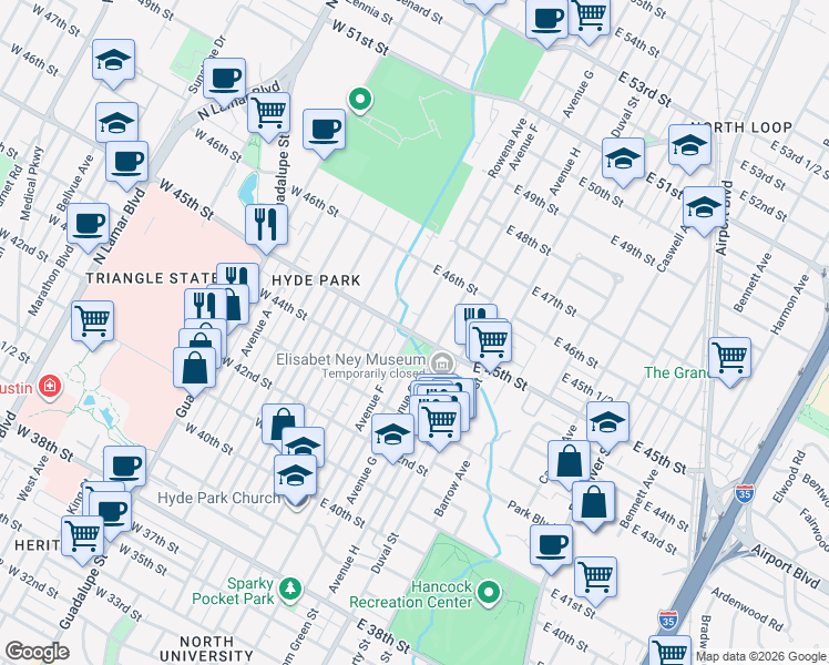 map of restaurants, bars, coffee shops, grocery stores, and more near 4404 Avenue F in Austin