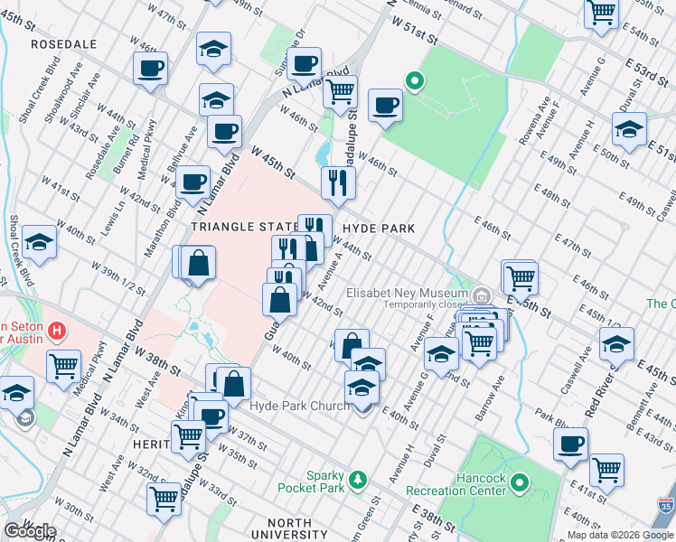 map of restaurants, bars, coffee shops, grocery stores, and more near 4214 Avenue B in Austin