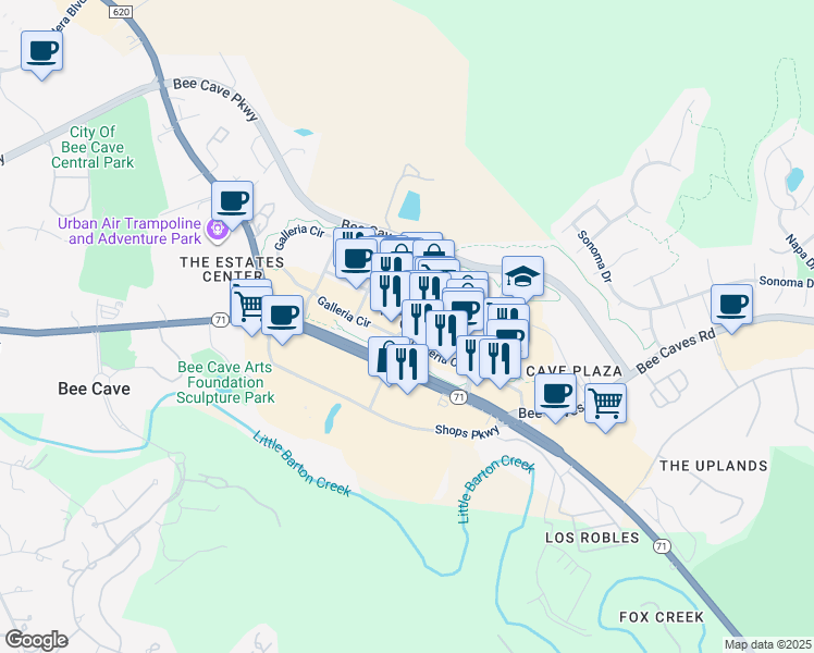map of restaurants, bars, coffee shops, grocery stores, and more near 12800 Texas 71 in Austin
