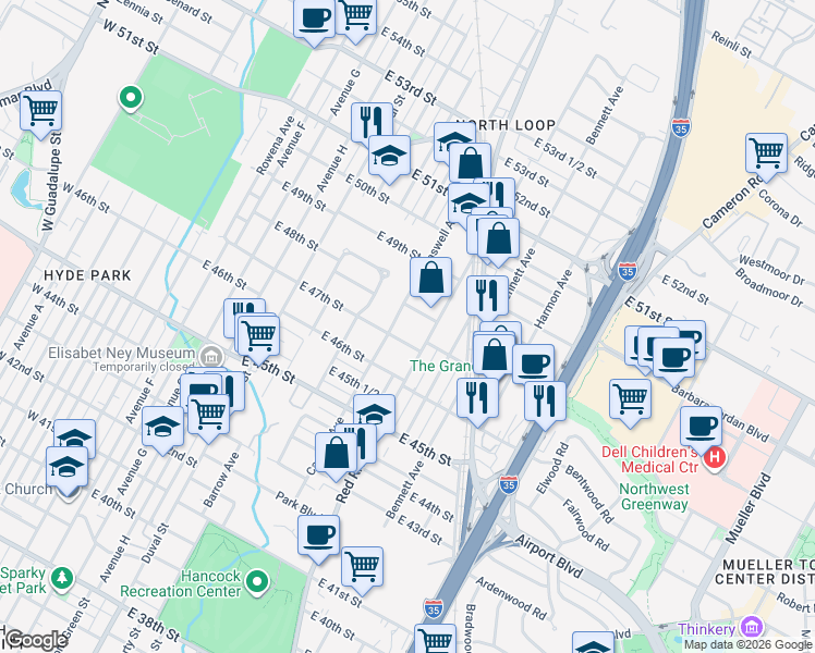 map of restaurants, bars, coffee shops, grocery stores, and more near 803 East 47th Street in Austin