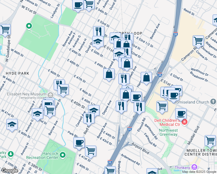 map of restaurants, bars, coffee shops, grocery stores, and more near 4625 Red River Street in Austin