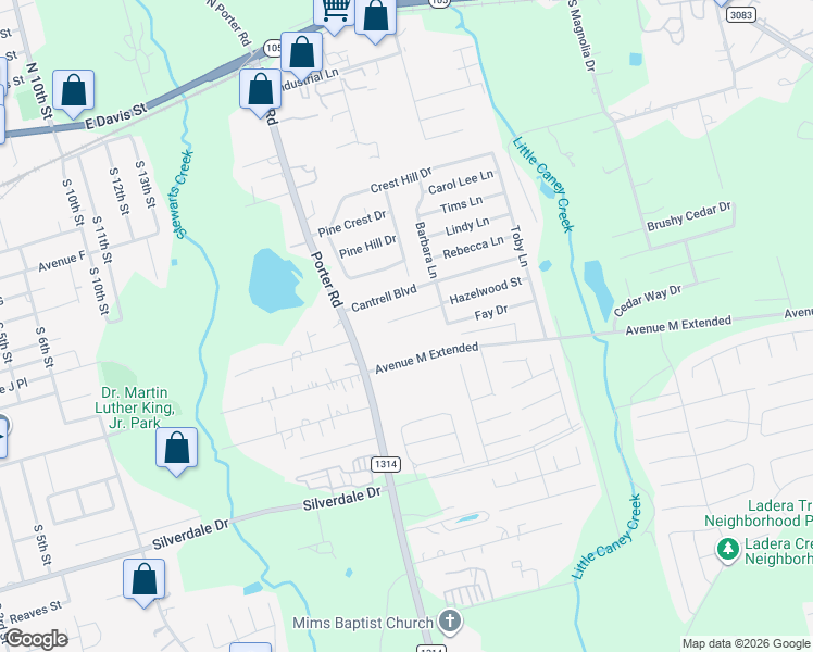 map of restaurants, bars, coffee shops, grocery stores, and more near 1604 Hazelwood Street in Conroe
