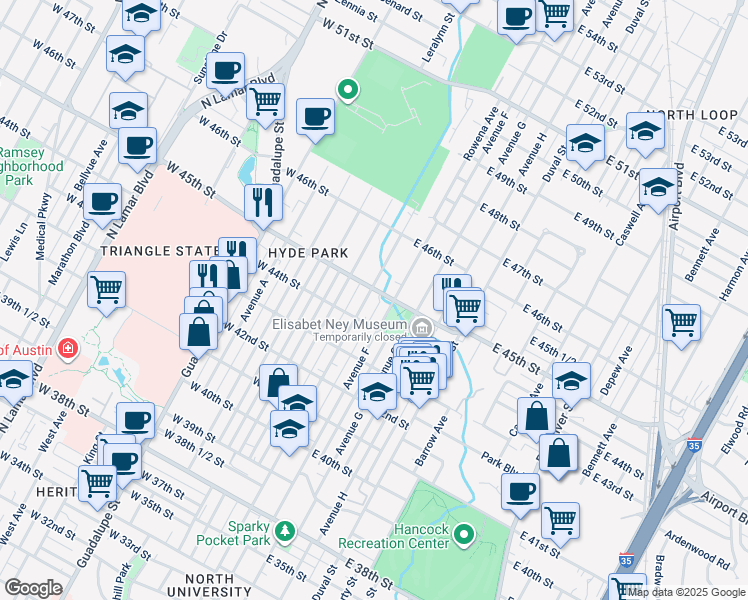 map of restaurants, bars, coffee shops, grocery stores, and more near 4413 Speedway in Austin