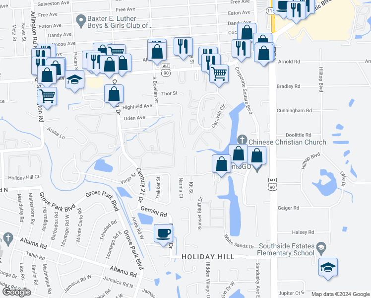 map of restaurants, bars, coffee shops, grocery stores, and more near 8673 Highfield Avenue in Jacksonville