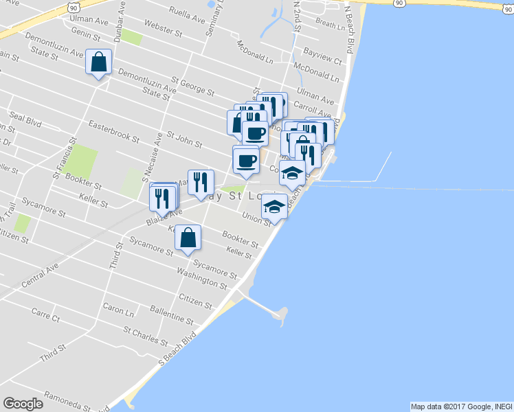 map of restaurants, bars, coffee shops, grocery stores, and more near 222 South Beach Boulevard in Waveland