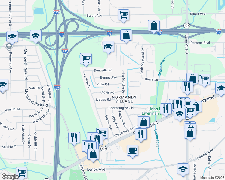 map of restaurants, bars, coffee shops, grocery stores, and more near 6935 Arques Road in Jacksonville
