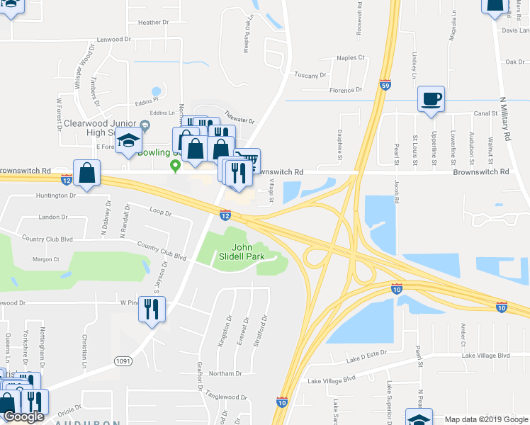 map of restaurants, bars, coffee shops, grocery stores, and more near 202 Village Street in Slidell