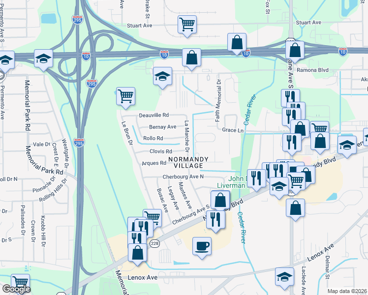 map of restaurants, bars, coffee shops, grocery stores, and more near 6929 Rollo Road in Jacksonville