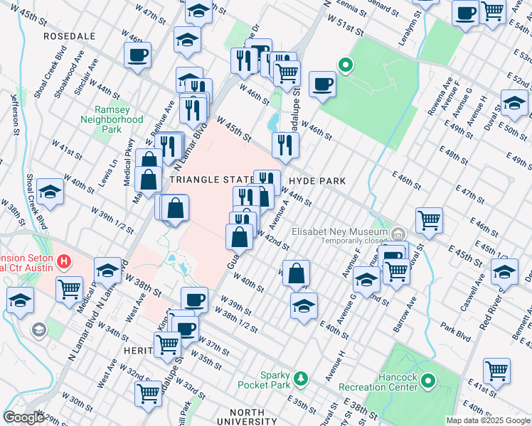 map of restaurants, bars, coffee shops, grocery stores, and more near in Austin