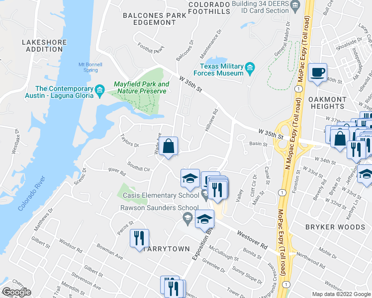 map of restaurants, bars, coffee shops, grocery stores, and more near 2904 Hillview Road in Austin