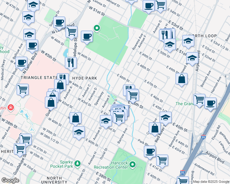 map of restaurants, bars, coffee shops, grocery stores, and more near 4515 Avenue F in Austin