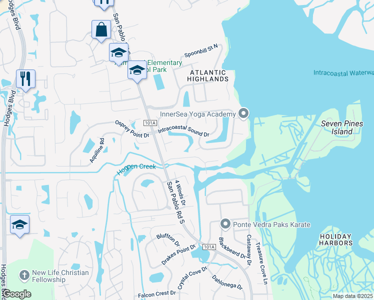 map of restaurants, bars, coffee shops, grocery stores, and more near 13850 Hollow Log Court in Jacksonville