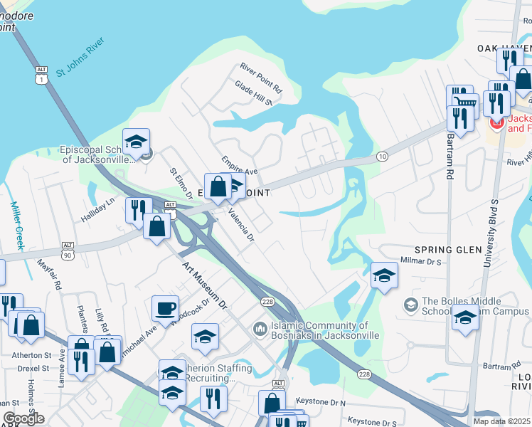 map of restaurants, bars, coffee shops, grocery stores, and more near 4830 Atlantic Boulevard in Jacksonville