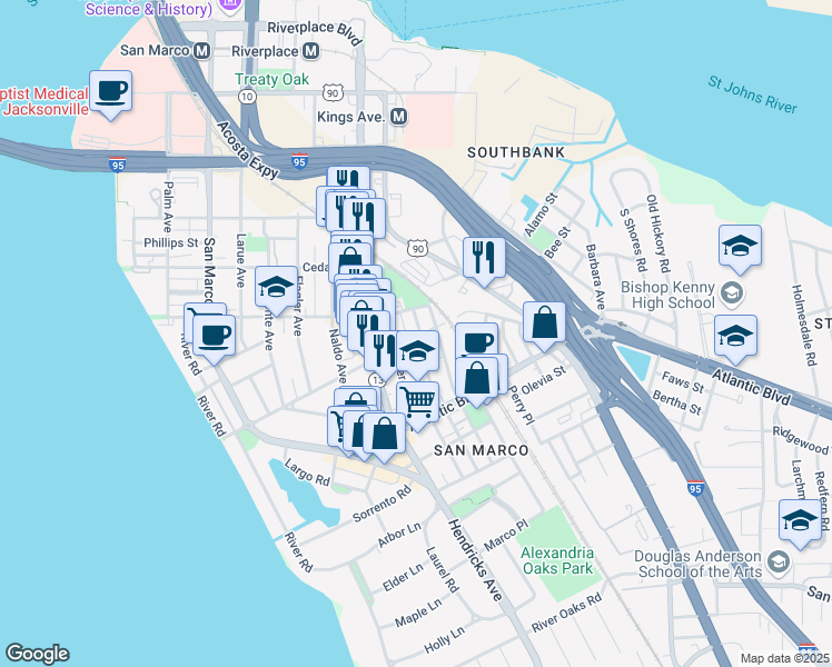 map of restaurants, bars, coffee shops, grocery stores, and more near 1603 Minerva Avenue in Jacksonville