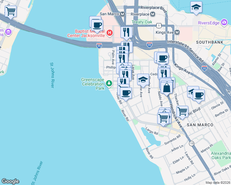 map of restaurants, bars, coffee shops, grocery stores, and more near 923 Lasalle Street in Jacksonville