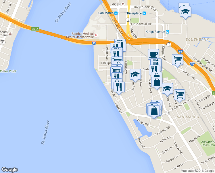 map of restaurants, bars, coffee shops, grocery stores, and more near 923 Lasalle Street in Jacksonville