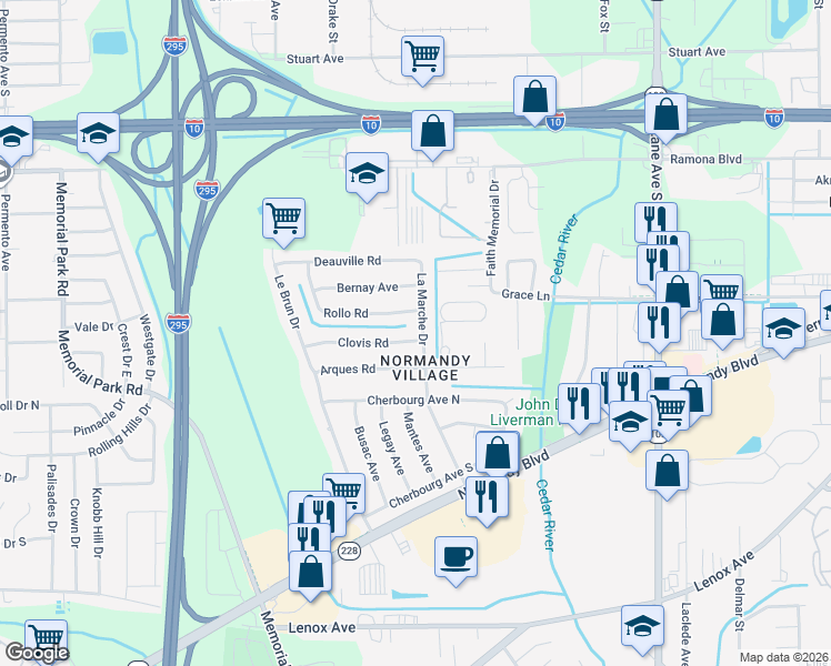 map of restaurants, bars, coffee shops, grocery stores, and more near 6929 Rollo Road in Jacksonville