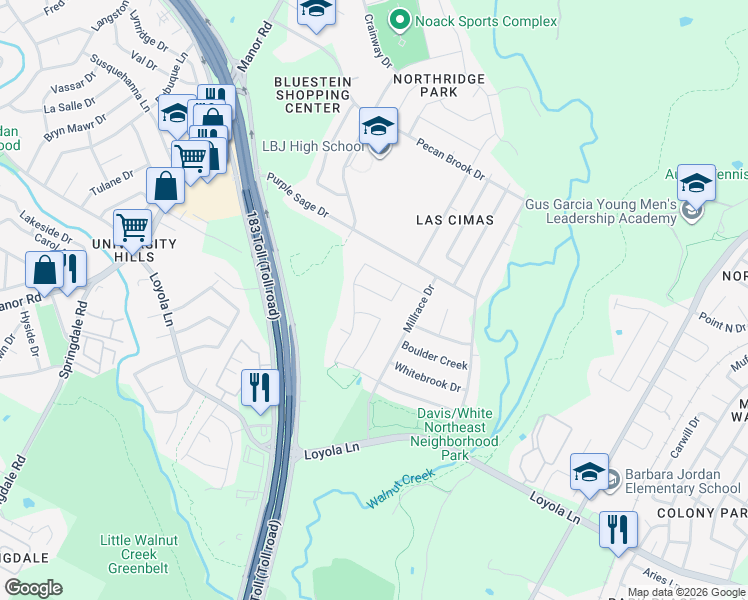 map of restaurants, bars, coffee shops, grocery stores, and more near 5601 Durango Pass in Austin