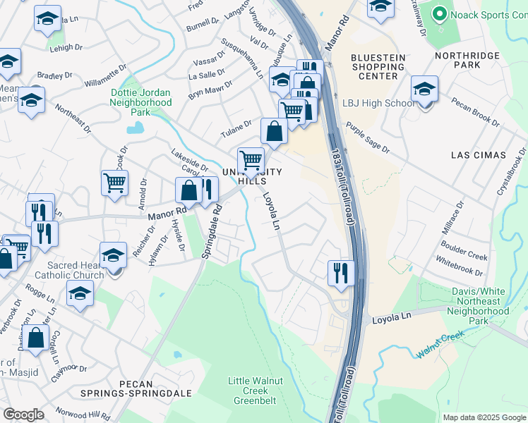 map of restaurants, bars, coffee shops, grocery stores, and more near 4701 Loyola Lane in Austin