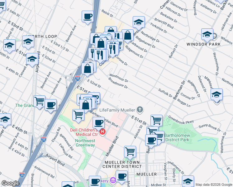 map of restaurants, bars, coffee shops, grocery stores, and more near 1307 Broadmoor Drive in Austin