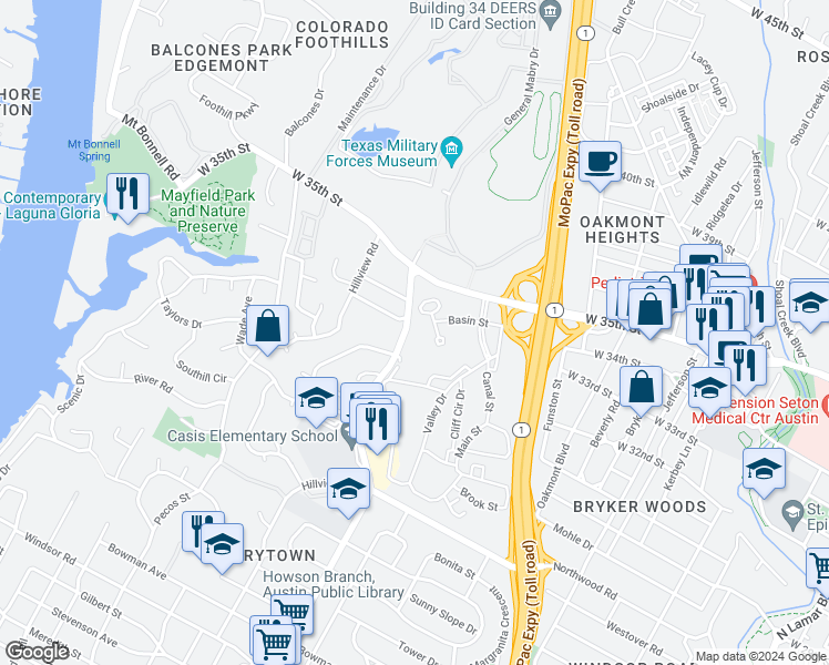 map of restaurants, bars, coffee shops, grocery stores, and more near 3208 Exposition Boulevard in Austin